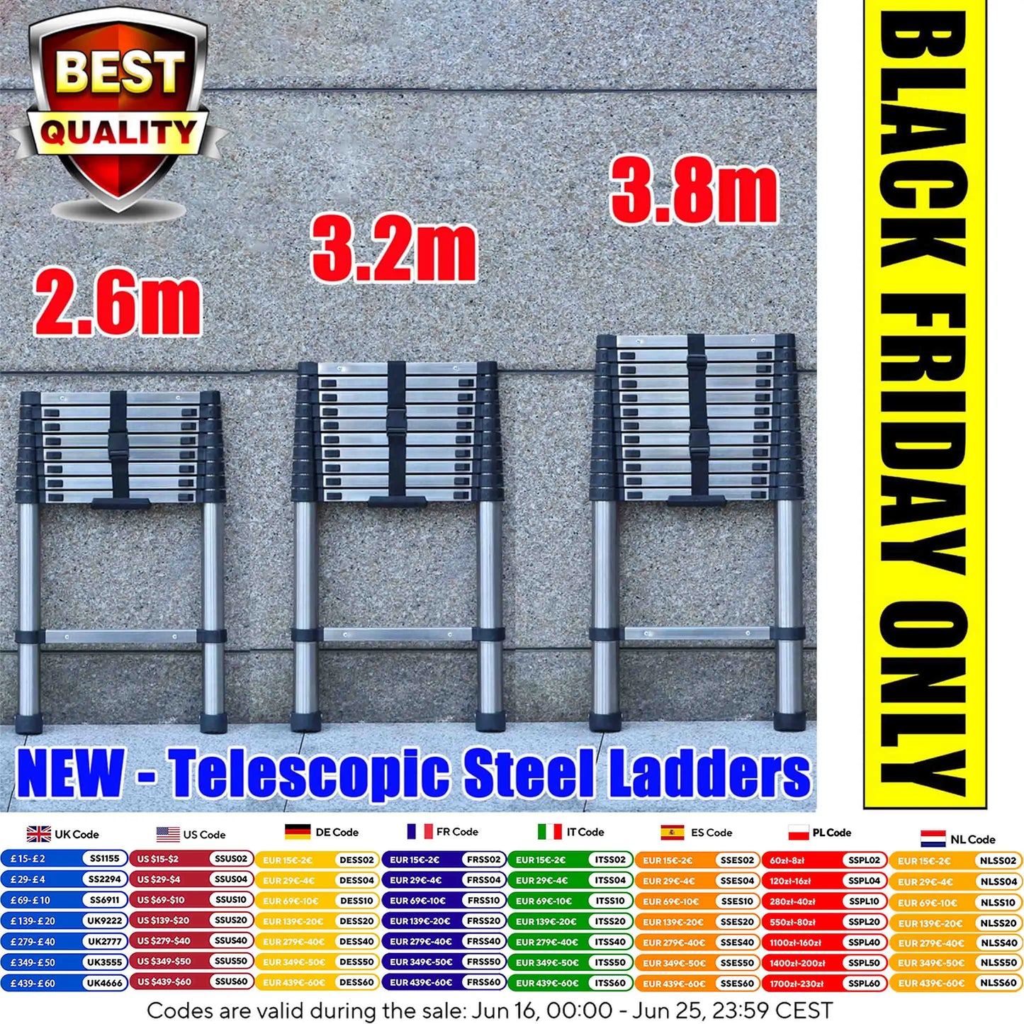 Ladders Extendable Telescopic 2.6M-5M Heavy Duty Multi Purpose Straight Loft Ladder Portable Folding Stainless Steel Ladder Tool